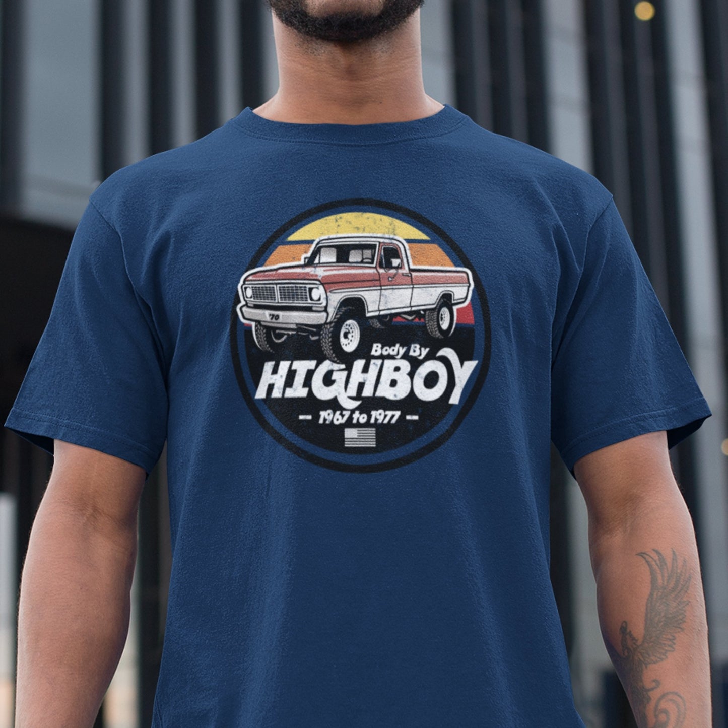 1970 / Red & White / Original Body By Highboy T-Shirt (Distressed Design) - BodyByHighboy Ford F250 Highboy Bumpside Dentside