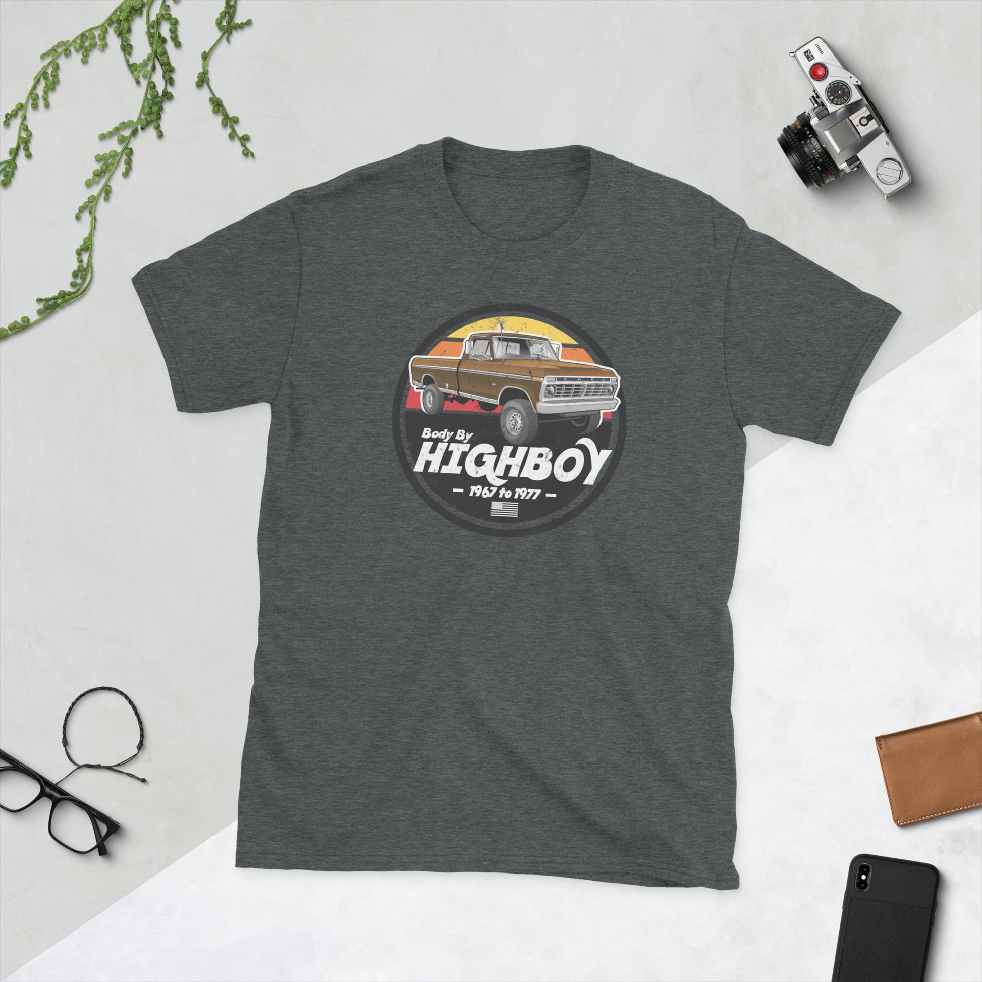 1973, 1974, 1975 / Brown / Original Body By Highboy T-Shirt (Distressed Design) - BodyByHighboy Ford F250 Highboy Bumpside Dentside