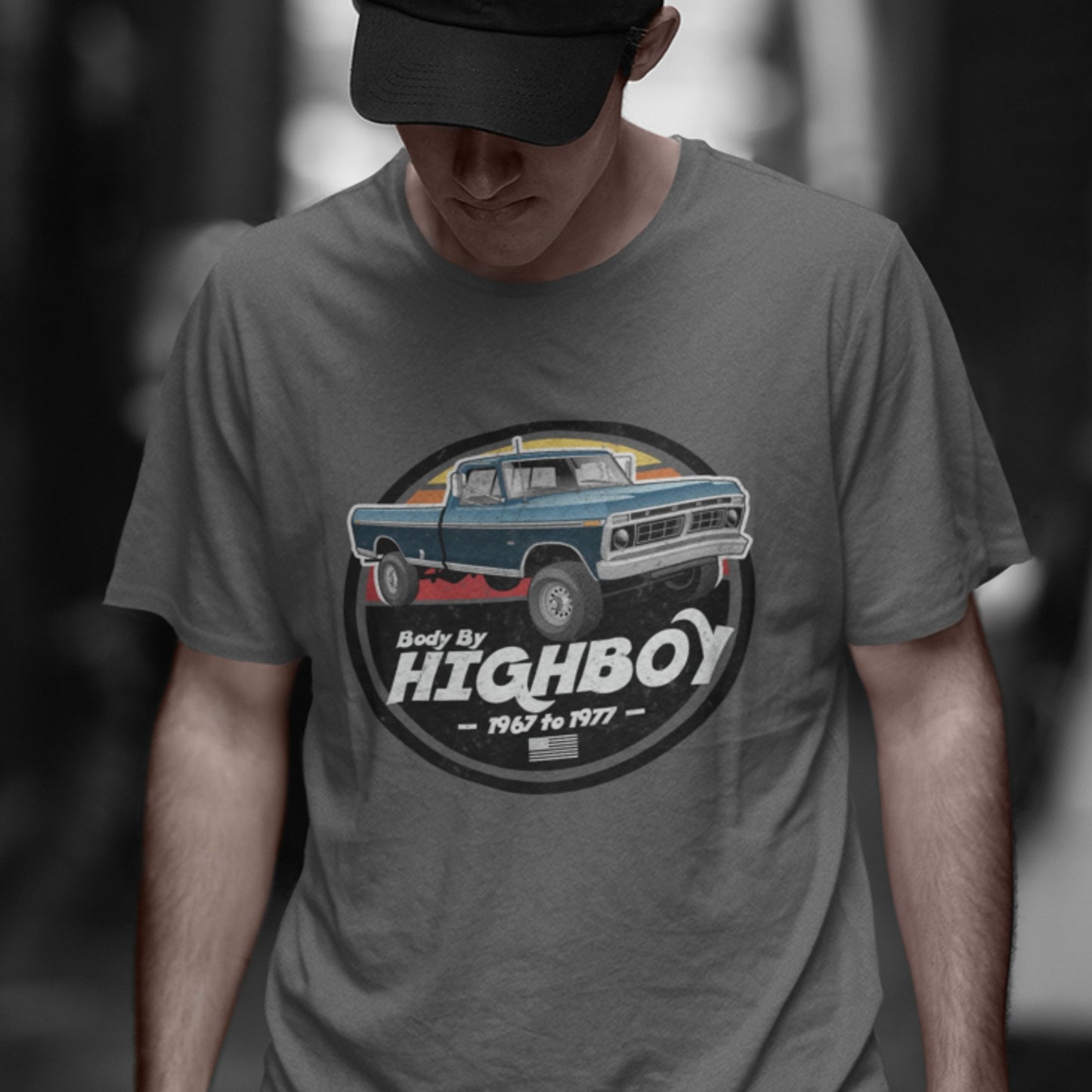 1976, 1977 / Blue / Original Body By Highboy T-Shirt (Distressed Design) - BodyByHighboy Ford F250 Highboy Bumpside Dentside