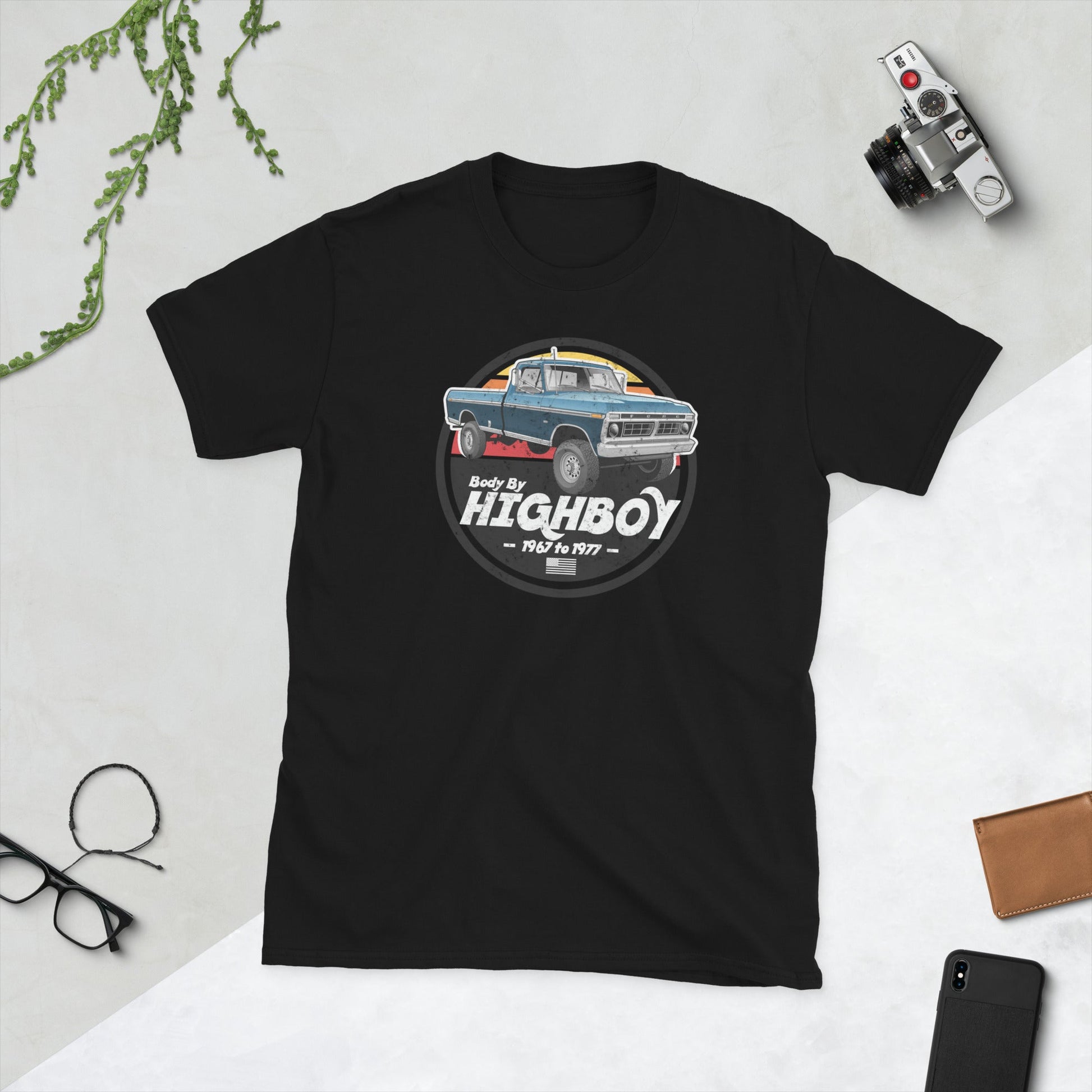 1976, 1977 / Blue / Original Body By Highboy T-Shirt (Distressed Design) - BodyByHighboy Ford F250 Highboy Bumpside Dentside