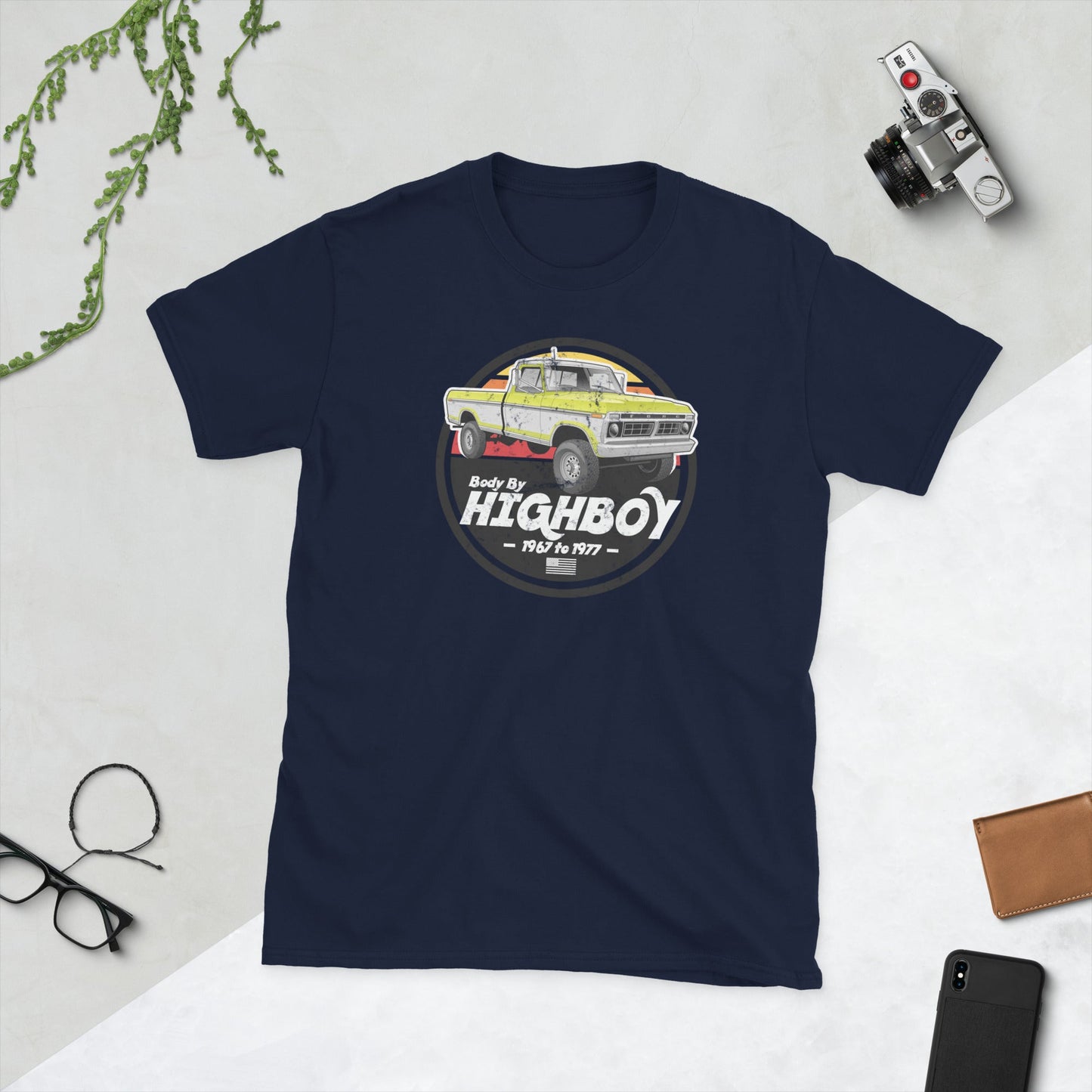 1976, 1977 / Yellow / Original Body By Highboy T-Shirt (Distressed Design) - BodyByHighboy Ford F250 Highboy Bumpside Dentside